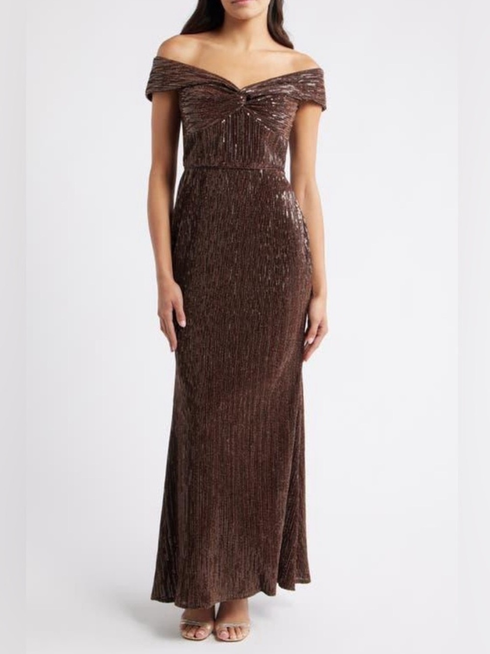 Eliza J Sequin Twist Off The Shoulder Dress Size 6 Chocolate Brown NWOT